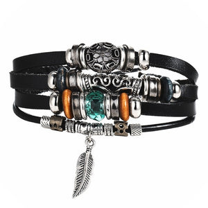Vintage Leaf Feather Multilayer Leather Bracelet Men Fashion Braided Handmade Star Rope Wrap Bracelets & Bangles Male Gift