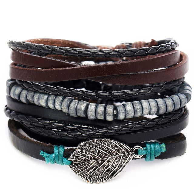 Vintage Leaf Feather Multilayer Leather Bracelet Men Fashion Braided Handmade Star Rope Wrap Bracelets & Bangles Male Gift