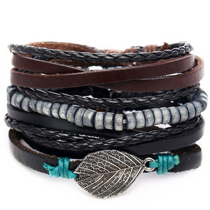 Vintage Leaf Feather Multilayer Leather Bracelet Men Fashion Braided Handmade Star Rope Wrap Bracelets & Bangles Male Gift
