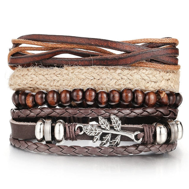 Vintage Leaf Feather Multilayer Leather Bracelet Men Fashion Braided Handmade Star Rope Wrap Bracelets & Bangles Male Gift