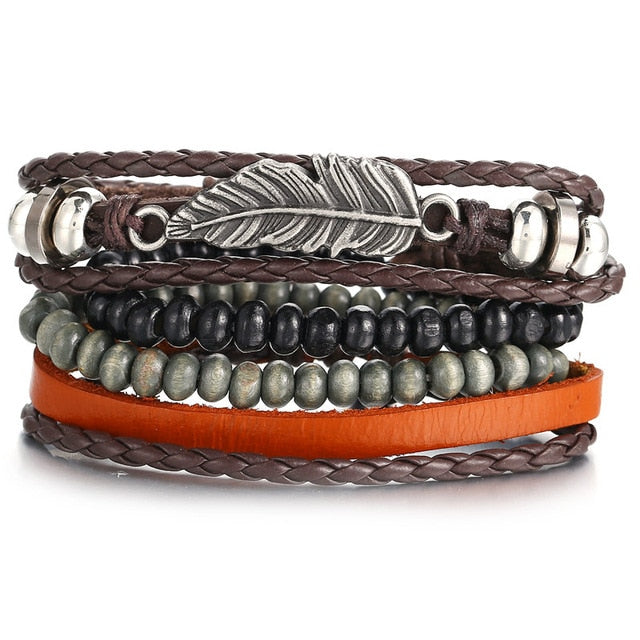 Vintage Leaf Feather Multilayer Leather Bracelet Men Fashion Braided Handmade Star Rope Wrap Bracelets & Bangles Male Gift