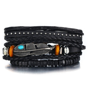 Vintage Leaf Feather Multilayer Leather Bracelet Men Fashion Braided Handmade Star Rope Wrap Bracelets & Bangles Male Gift