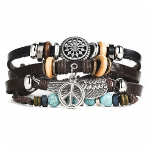 Vintage Leaf Feather Multilayer Leather Bracelet Men Fashion Braided Handmade Star Rope Wrap Bracelets & Bangles Male Gift