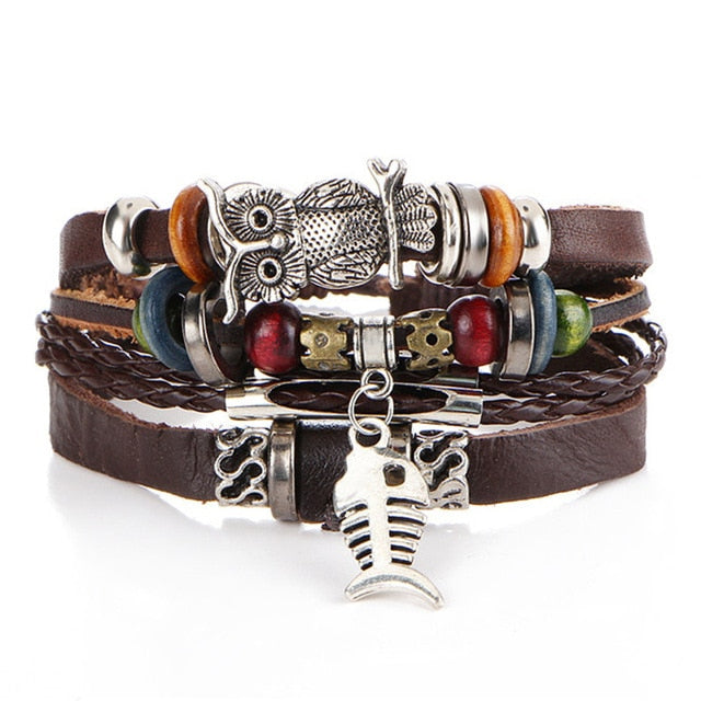 Vintage Leaf Feather Multilayer Leather Bracelet Men Fashion Braided Handmade Star Rope Wrap Bracelets & Bangles Male Gift
