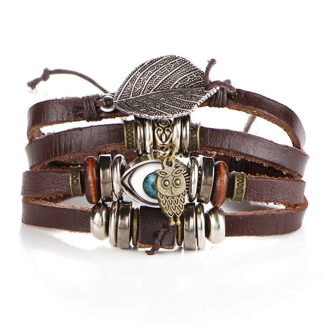 Vintage Leaf Feather Multilayer Leather Bracelet Men Fashion Braided Handmade Star Rope Wrap Bracelets & Bangles Male Gift