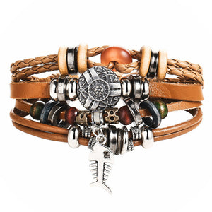 Vintage Leaf Feather Multilayer Leather Bracelet Men Fashion Braided Handmade Star Rope Wrap Bracelets & Bangles Male Gift