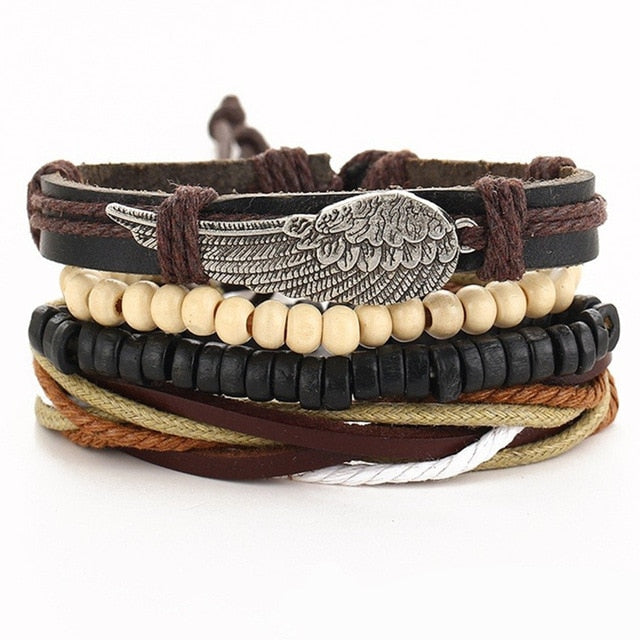 Vintage Leaf Feather Multilayer Leather Bracelet Men Fashion Braided Handmade Star Rope Wrap Bracelets & Bangles Male Gift