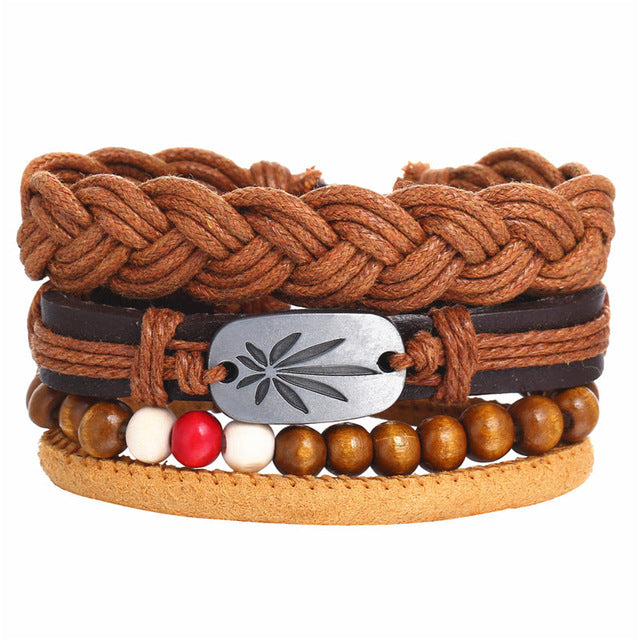 Vintage Leaf Feather Multilayer Leather Bracelet Men Fashion Braided Handmade Star Rope Wrap Bracelets & Bangles Male Gift