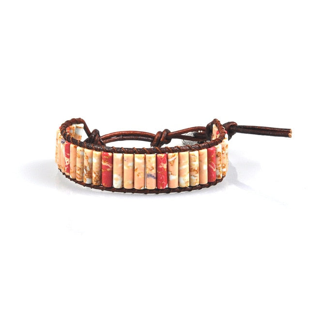 Chakra Bracelet Jewelry Handmade Multi Color Natural Stone Tube Beads Leather Wrap Couples Bracelets Creative Gifts