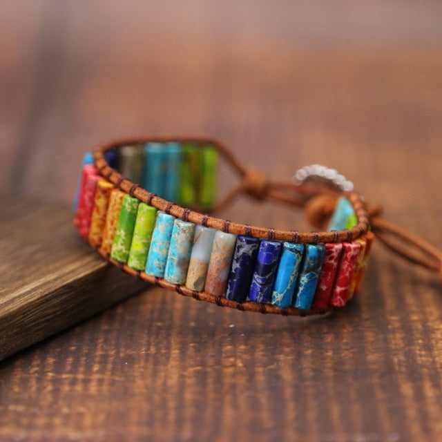 Chakra Bracelet Jewelry Handmade Multi Color Natural Stone Tube Beads Leather Wrap Couples Bracelets Creative Gifts
