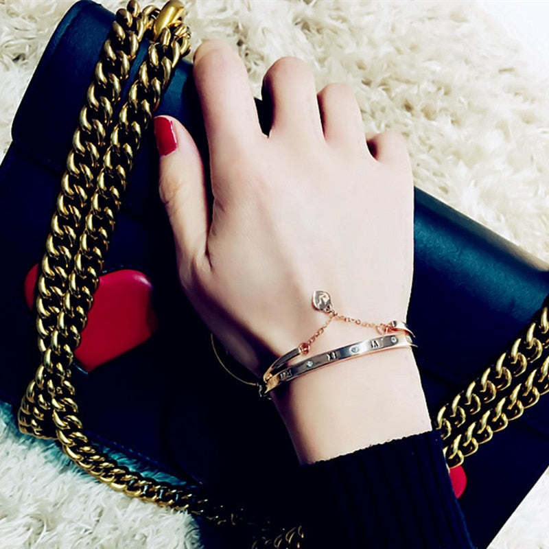 Hot Luxury Rose Gold Stainless Steel Bracelets Bangles Female Heart Forever Love Brand Charm Bracelet for Women Famous Jewelry